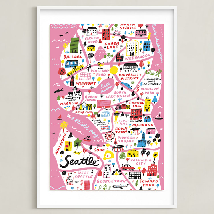 "I Love Seattle" - Art Print in Flamingo Pink by Jordan Sondler - Framed