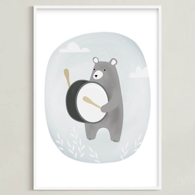 "drummer bear" - Art Print in sky by Faith Dorn - Framed