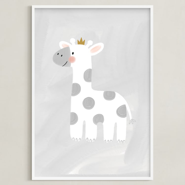 "Dream Big Elephant And Giraffe" - Art Print in Soft Grey by Patrice Horvath - Framed