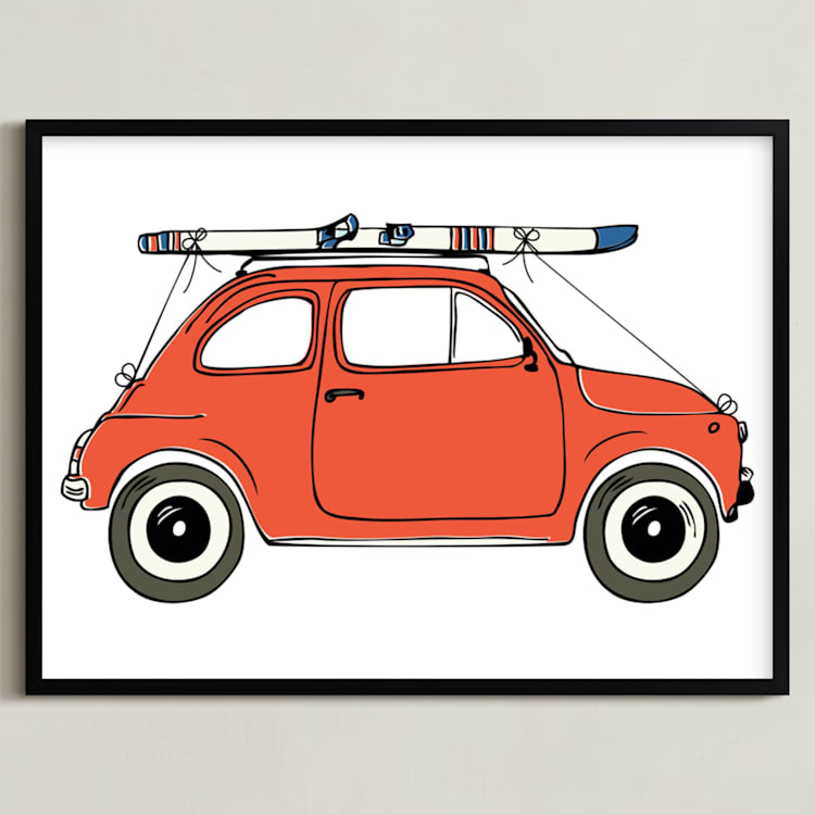 "To the Ski Slopes" - Art Print in Swiss Red by Alston Foster - Framed