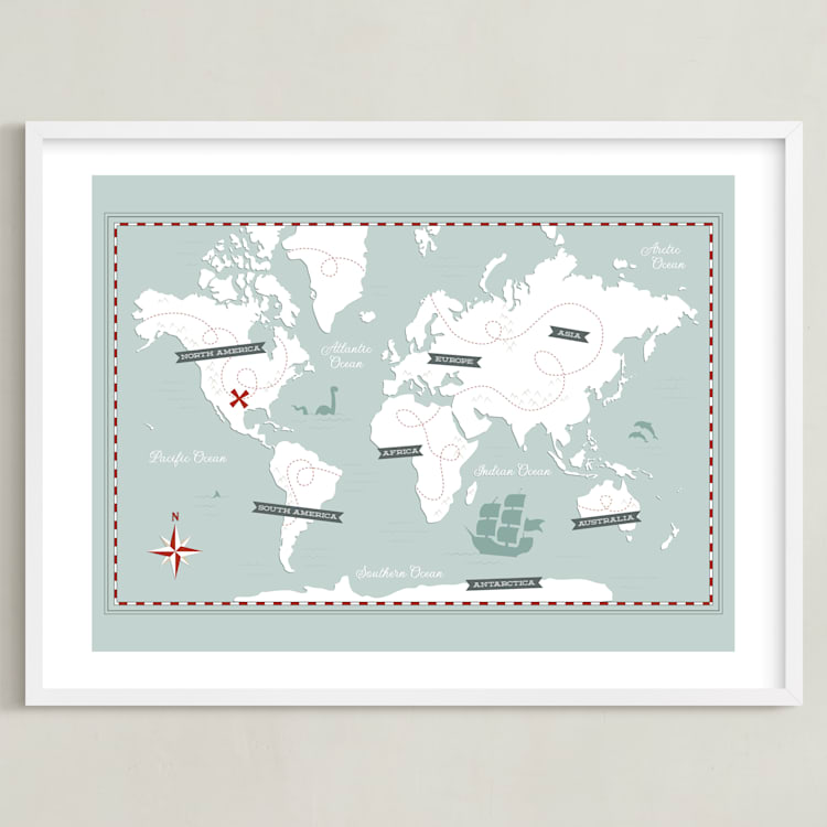 "Treasure Map" - Art Print in Powder Blue by Jessie Steury - Framed
