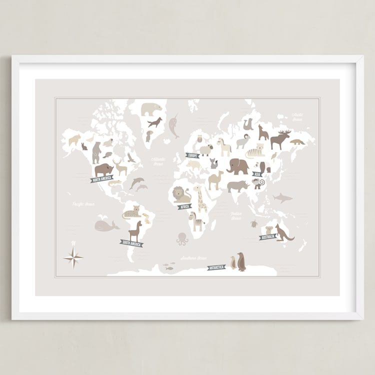 "Animal World Map" - Art Print in Beige by Jessie Steury - Framed