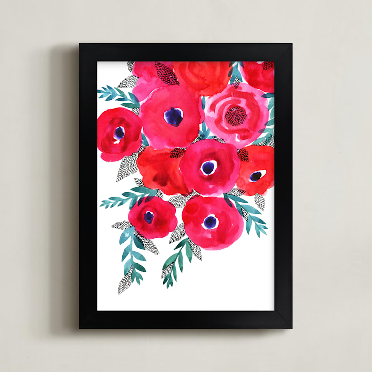 "Red flowers bouquet" - Art Print in Deep carmine by Alexandra Dzh - Framed