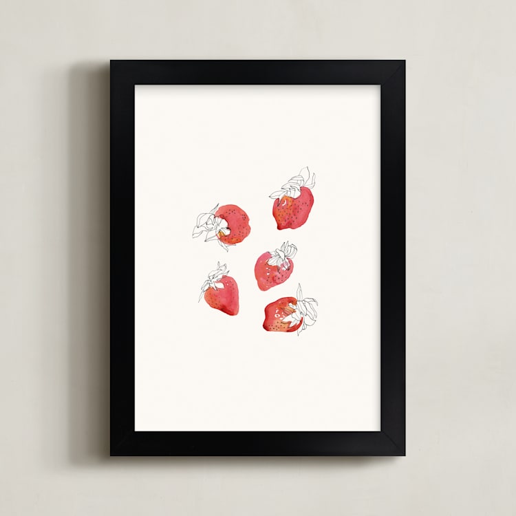 "Strawberries" - Art Print in Strawberry Red by Catilustre - Framed