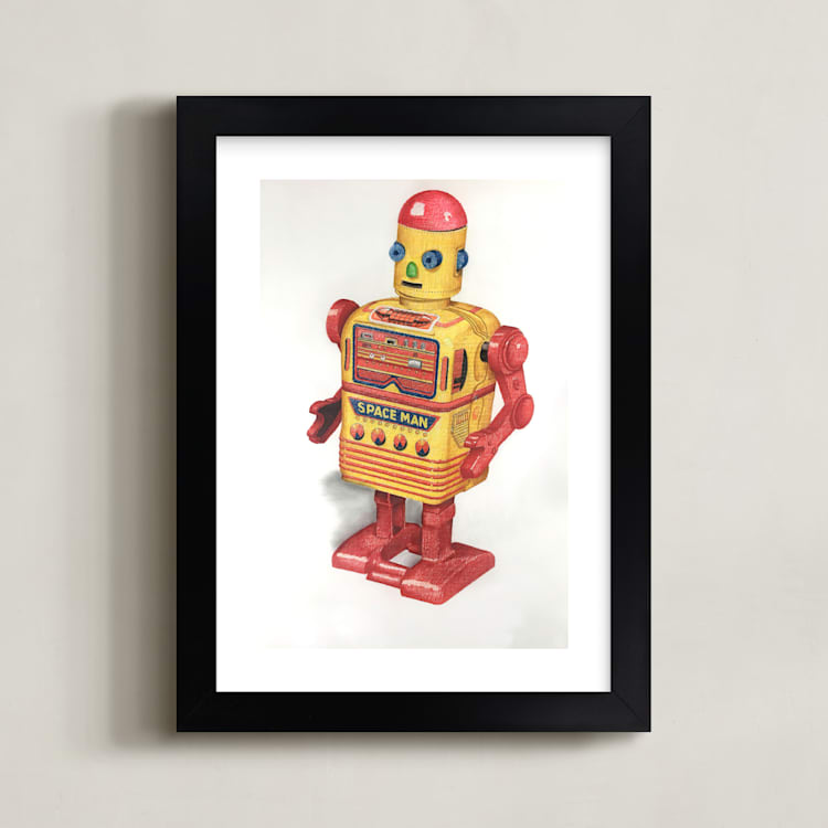 "Space Man Robot" - Art Print in canary yellow by Ed Hogan - Framed