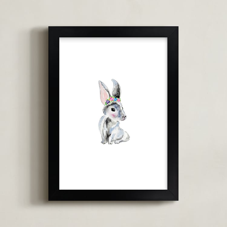 "Little miss bunny" - Art Print in Bright Grey by Nikita Jariwala - Framed
