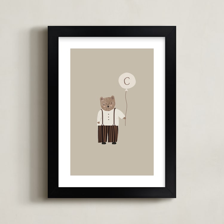 "Balloon Bear" - Personalized Art Print in Tan by Angela Thompson - Framed