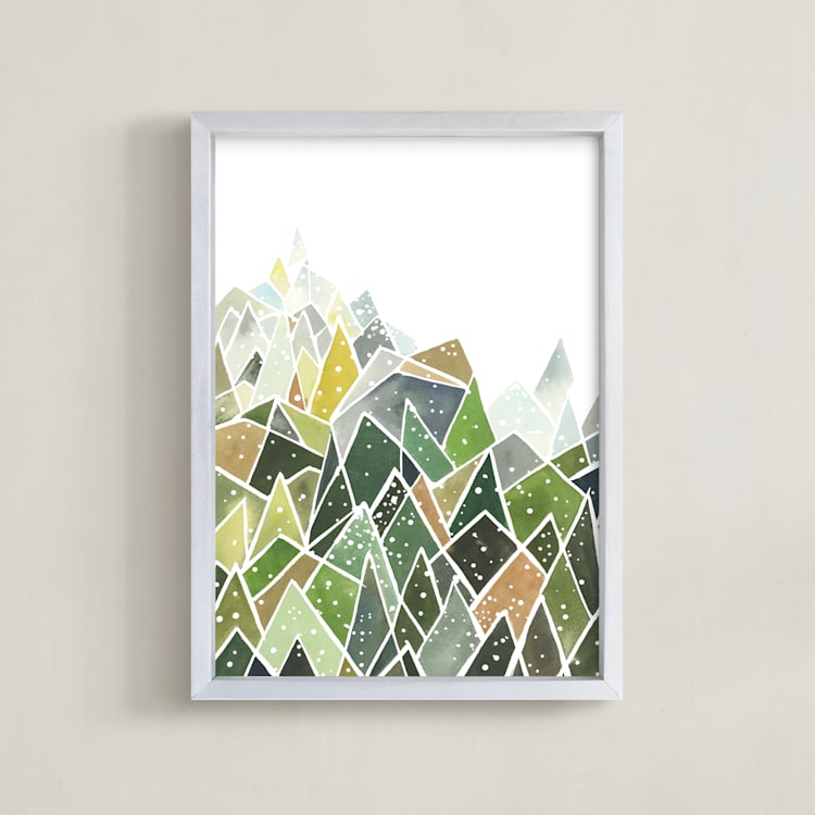 "Landscape of Triangles and Dots" - Art Print in Forest Green by Yao Cheng Design - Framed