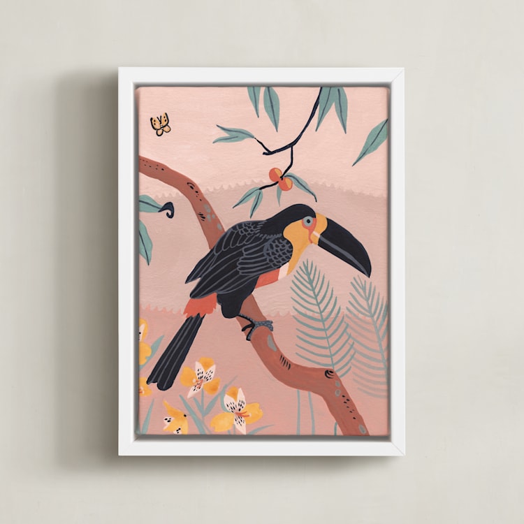 "Tropic Toucan II" - Art Print in Pink Bisque by Stefanie Lane - Framed Canvas