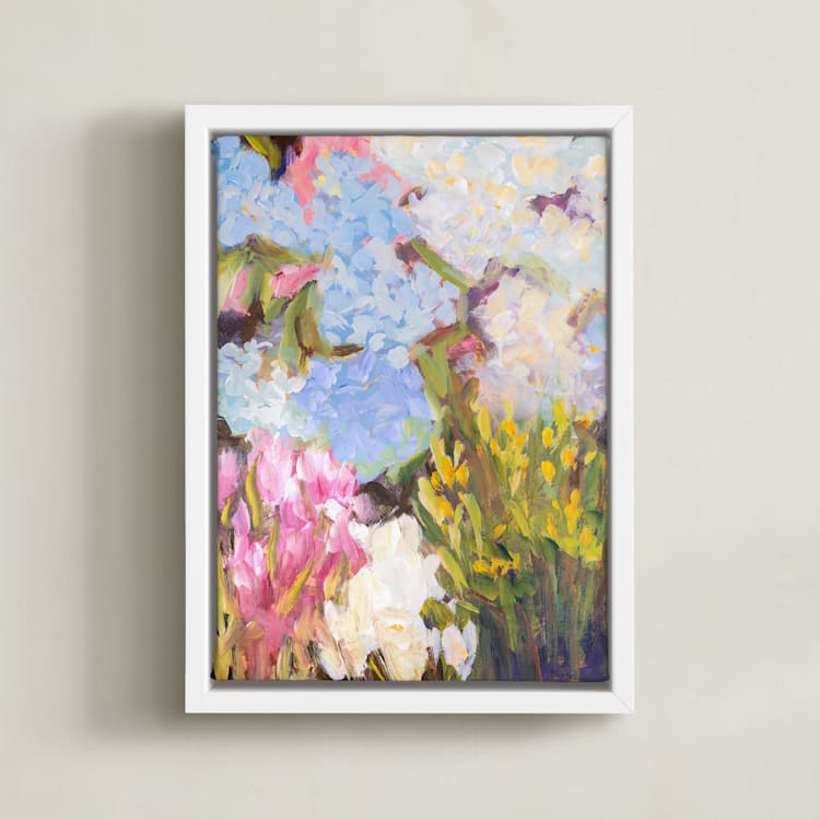 "Hydrangeas at the Market" - Art Print in Lavender Blue by Jacquelyn Sloane Siklos - Framed Canvas
