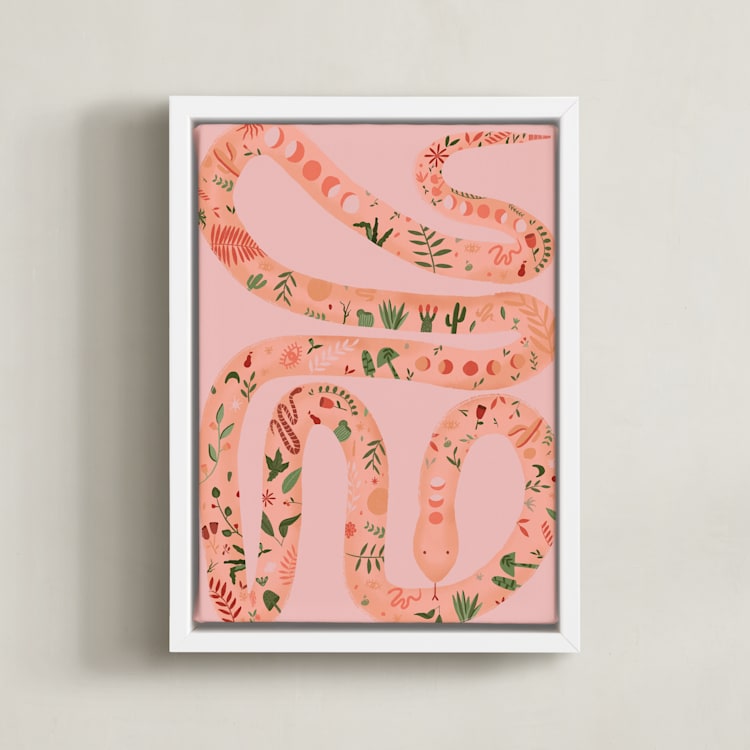 "Folk Floral Snake" - Art Print in Coral by Juliana Moreira-Callahan - Framed Canvas