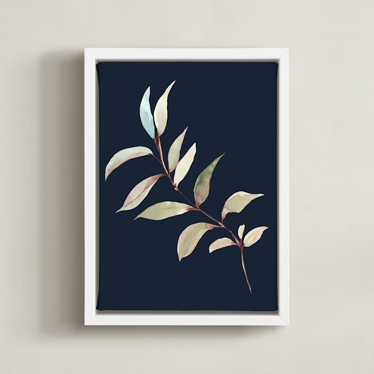 "Botanical Leaves in Blue I" - Art Print in navy blue by Nika Martinez - Framed Canvas