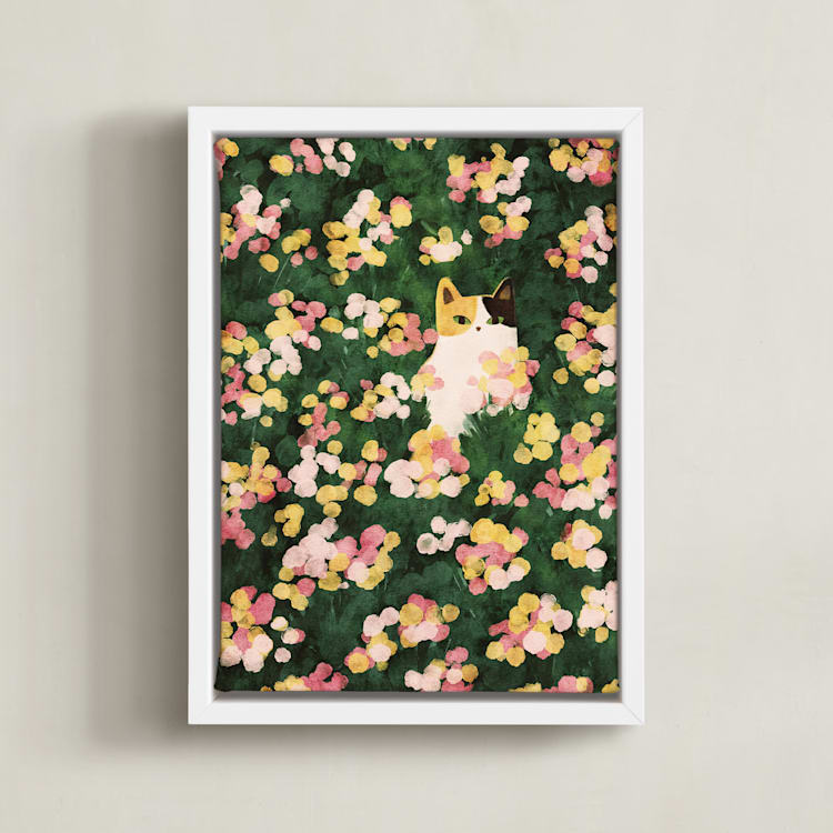 "Flower Meadow Cat" - Art Print in Daffodil Yellow by Sabrina Excene - Framed Canvas