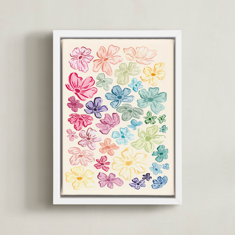 "A Rainbow of Flowers" - Art Print in Pale Sunshine by The Scribblist - Framed Canvas