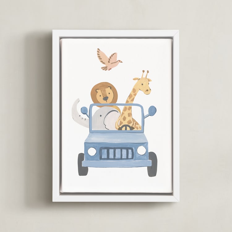 "Safari Friends 4" - Art Print in Blue by Teju Reval - Framed Canvas
