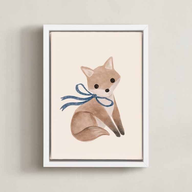 "Fox with Bow" - Art Print in Royal Blue by Vivian Yiwing - Framed Canvas