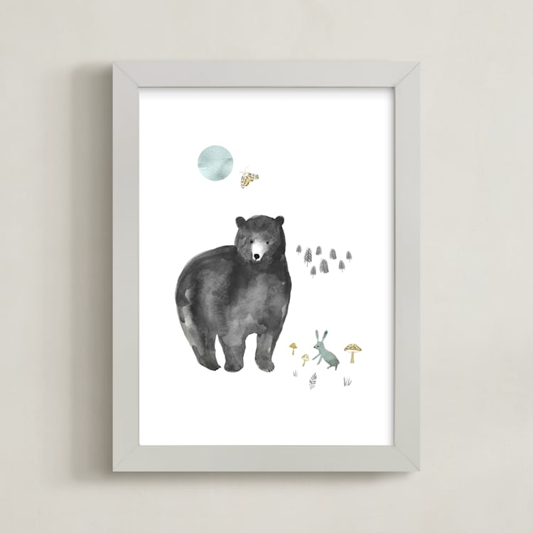 "Bear and Bunny" - Art Print in Grey by Emilie Simpson - Framed
