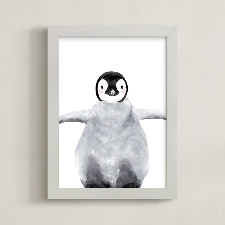 "Baby Animal Penguin" - Art Print in Antarctic Grey by Cass Loh - Framed