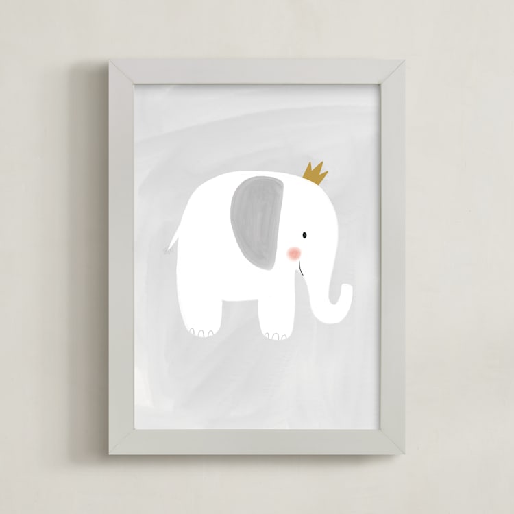 "Dream Big Elephant And Giraffe" - Art Print in Soft Grey by Patrice Horvath - Framed