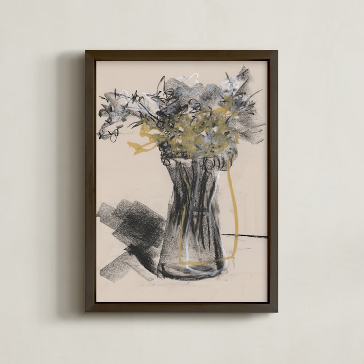 "Vase of flower gestural drawing exercise" - Art Print in exercise on gentle yellow by Bethania Lima - Framed