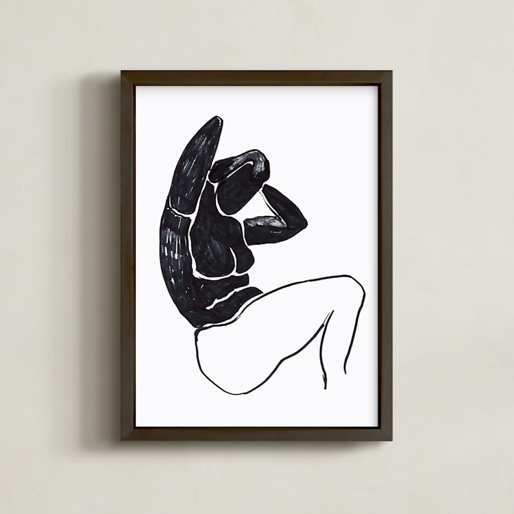 "Sitting nude" - Art Print in Black on white by Oana Prints - Framed