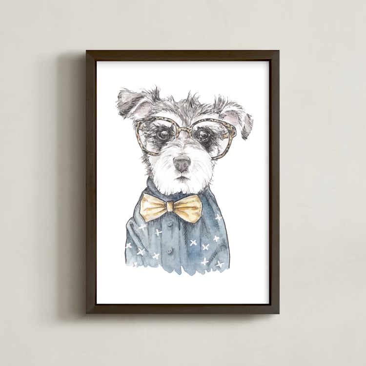 "Snazzy Schnauzer Mixed Media" - Art Print in Chambray Blue by Lauren Rogoff - Framed