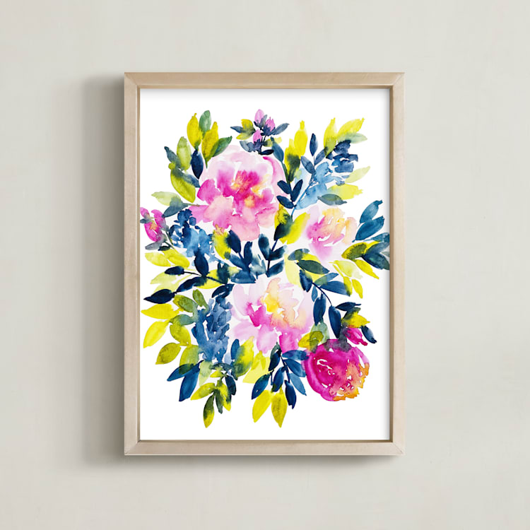 "Playful Peonies" - Art Print in Magenta by Britt Mills - Framed