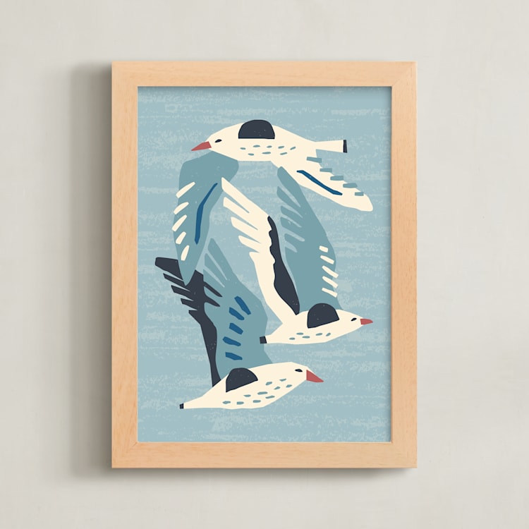 "Seagulls" - Art Print in Neutral Blue Green by Roochita Chachra - Framed