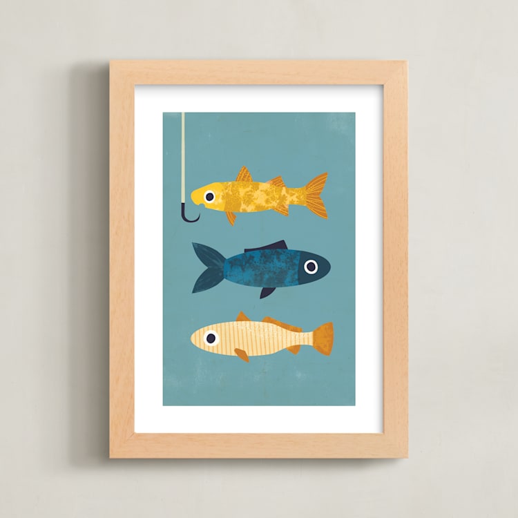 "1 Fish, 2 Fish, 3 Fish" - Art Print in Marine Blue by Laura Mitchell - Framed