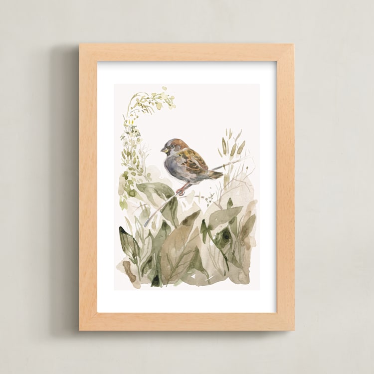 "Sparrow" - Art Print in Olive Green by Catilustre - Framed