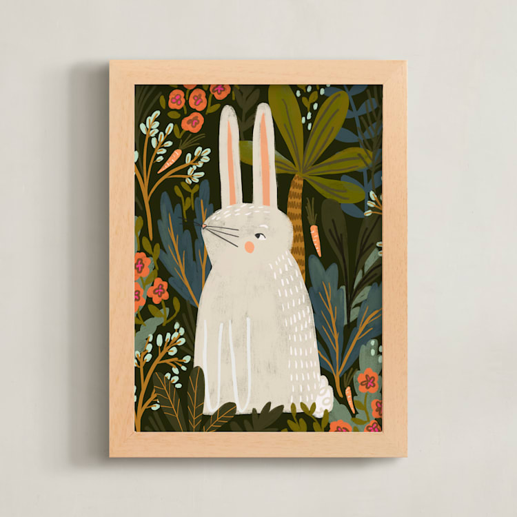 "Bunny Jungle" - Art Print in Forest Green by SALLY MURPHY - Framed