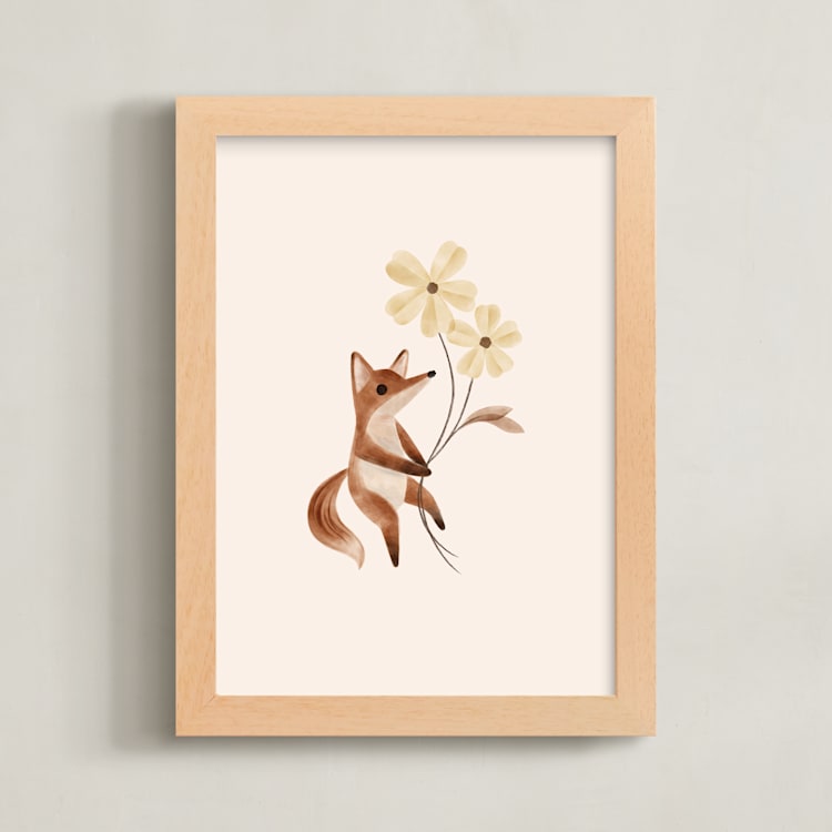 "fox with flowers" - Art Print in Tan by Vivian Yiwing - Framed