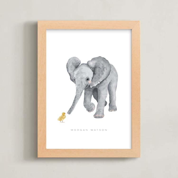 "baby elephant and duckling" - Personalized Art Print in Tumbleweed by Cass Loh - Framed