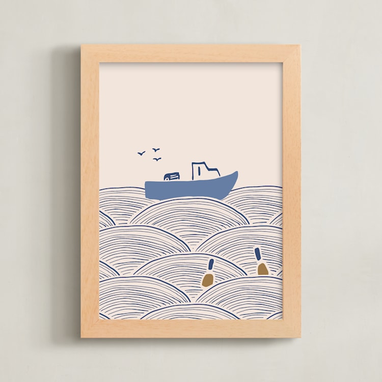 "Lobster Boat & Buoy 2" - Art Print in Blue by Allison Ross - Framed