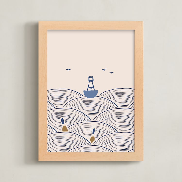 "Lobster Boat & Buoy 1" - Art Print in Blue by Allison Ross - Framed