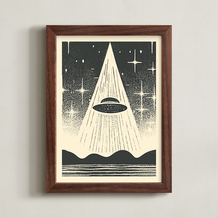 "UFO Encounters: Nostalgic Retro Woodcut" - Art Print in Galactic Gray by Roseanne Kenny - Framed