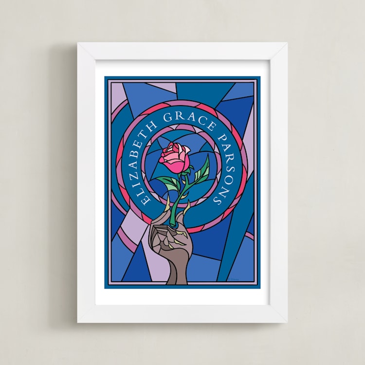 "Disney's Beauty And The Beast Stained Glass" - Personalized Art Print in Blue by Katharine Watson - Framed