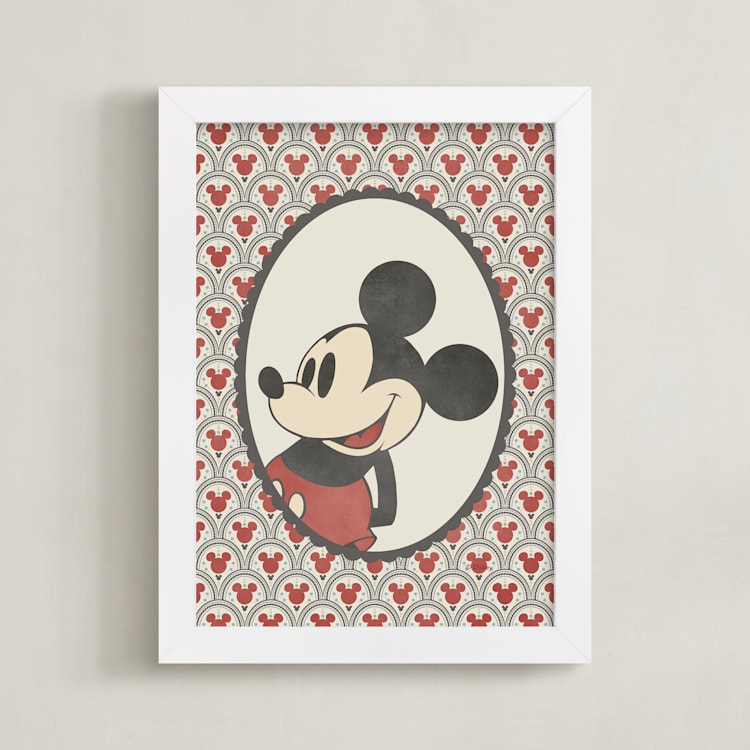"Disney's Mickey Antique Wallpaper" - Art Print in Red by Heather Schertzer - Framed
