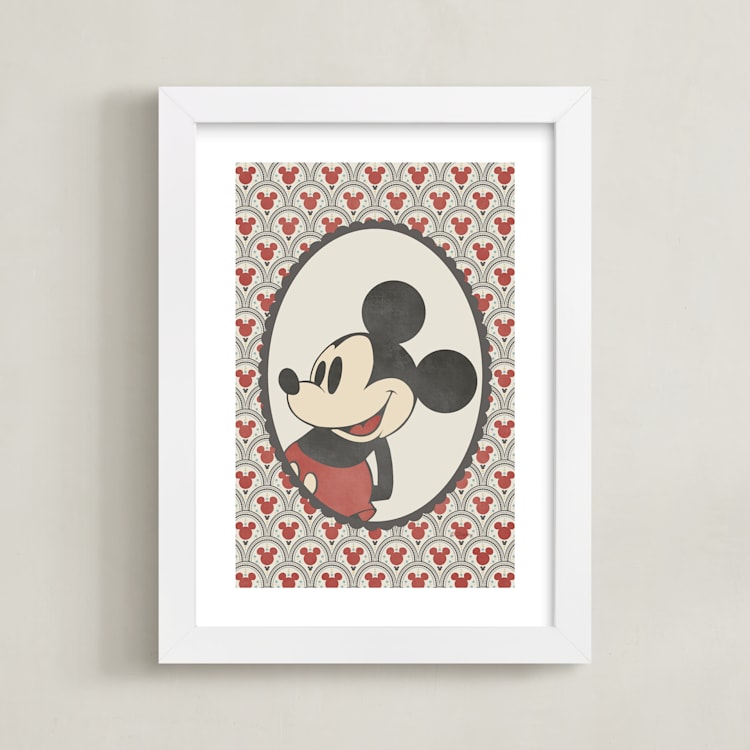 "Disney's Mickey Antique Wallpaper" - Art Print in Red by Heather Schertzer - Framed