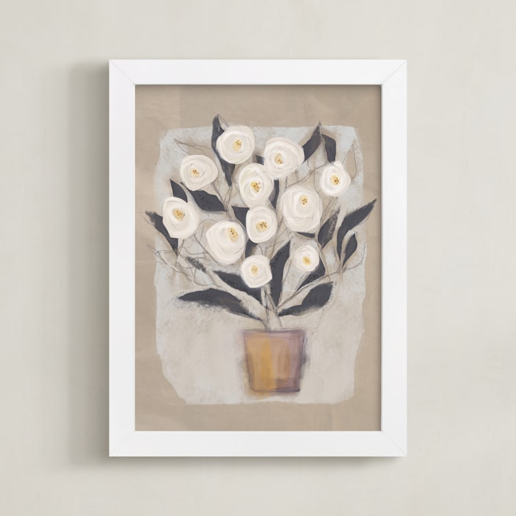 "The Gardenia" - Art Print in Creamy Buff by Jacquelyn Sloane Siklos - Framed