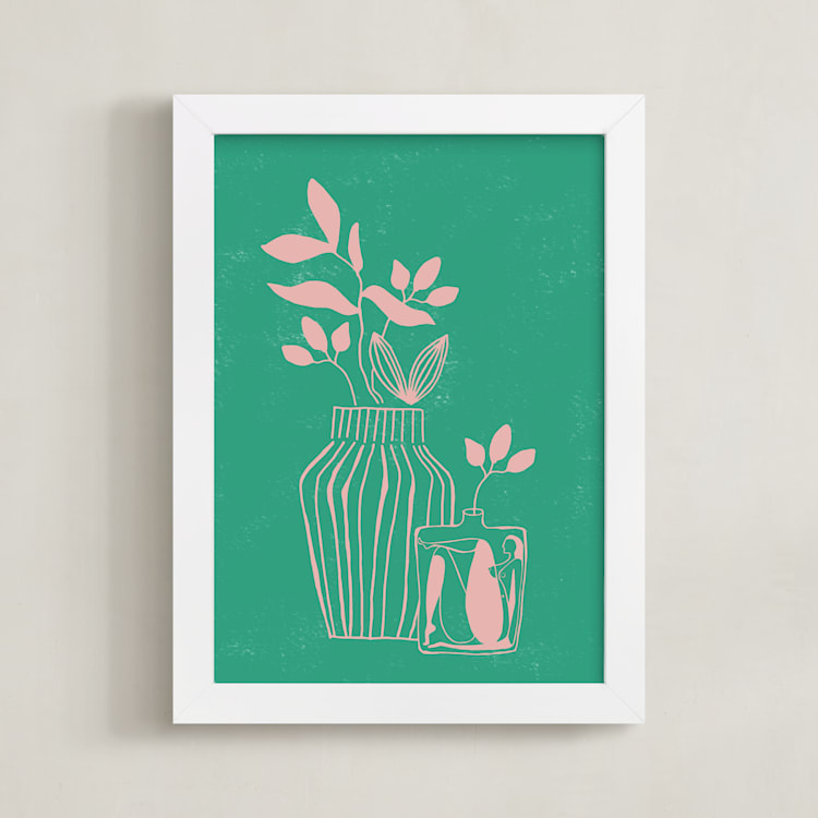 "Stuck In A Vase" - Art Print in Watermelon Green by Lo Mead - Framed