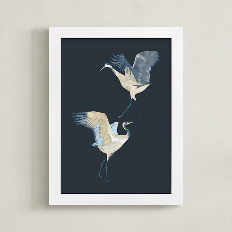 "Crane dance" - Art Print in Moody blue by Nina Leth - Framed