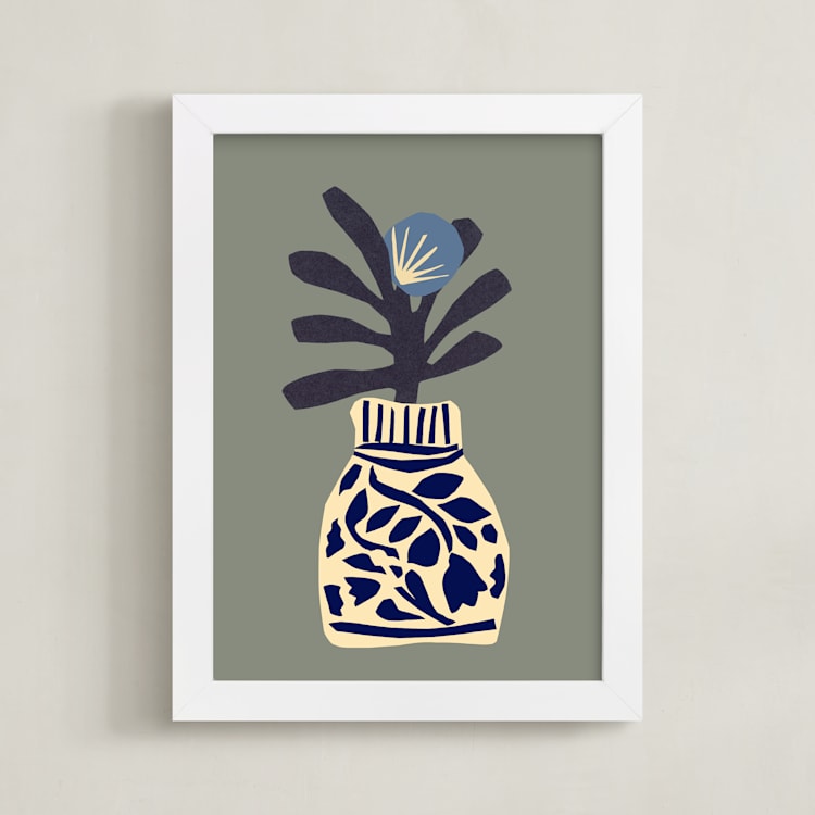 "Single flower in a porcelain vase" - Art Print in Pearl Grey by Sonya Percival - Framed