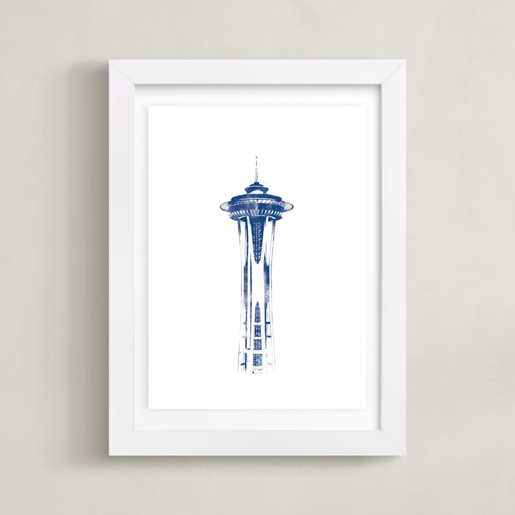 "Space Needle" - Art Print in Navy by Paul Berthelot - Framed