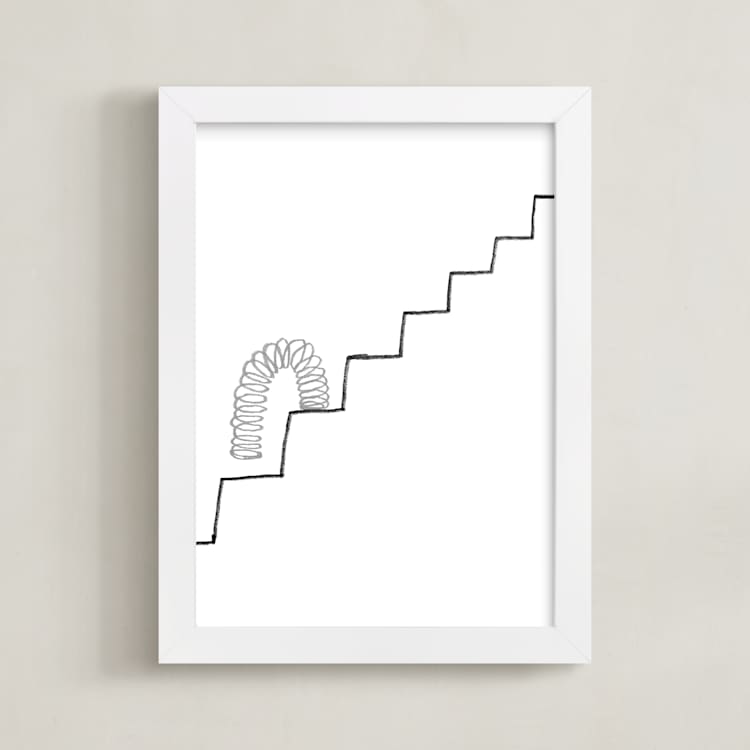 "Slinky on the Stairs" - Art Print in grayscale by Elliot Stokes - Framed