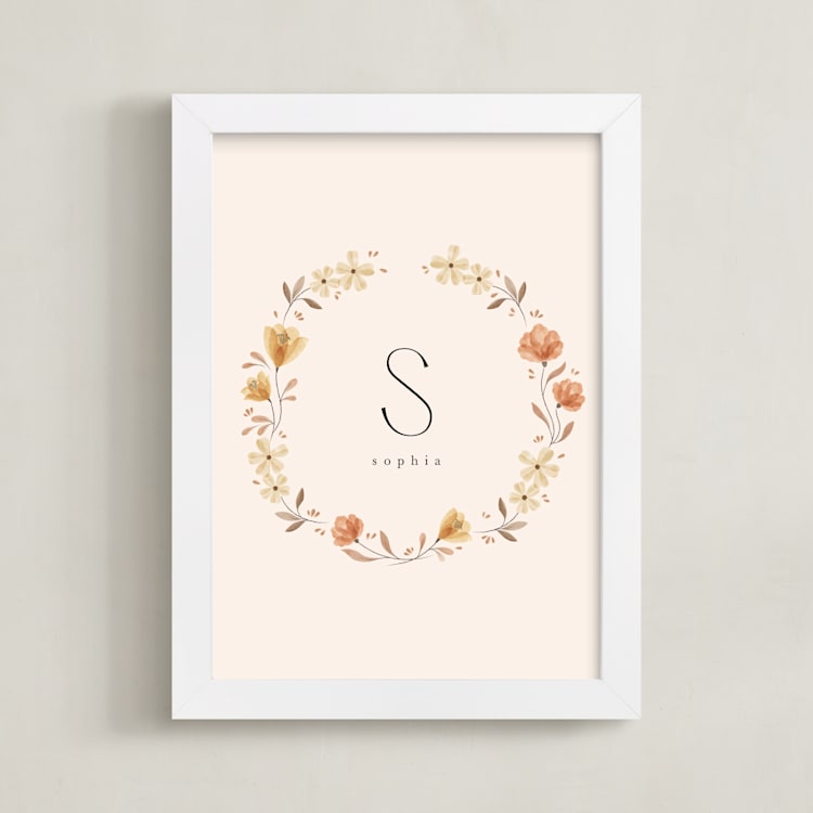 "Name with Flowers - Custom" - Personalized Art Print in Tan by Vivian Yiwing - Framed