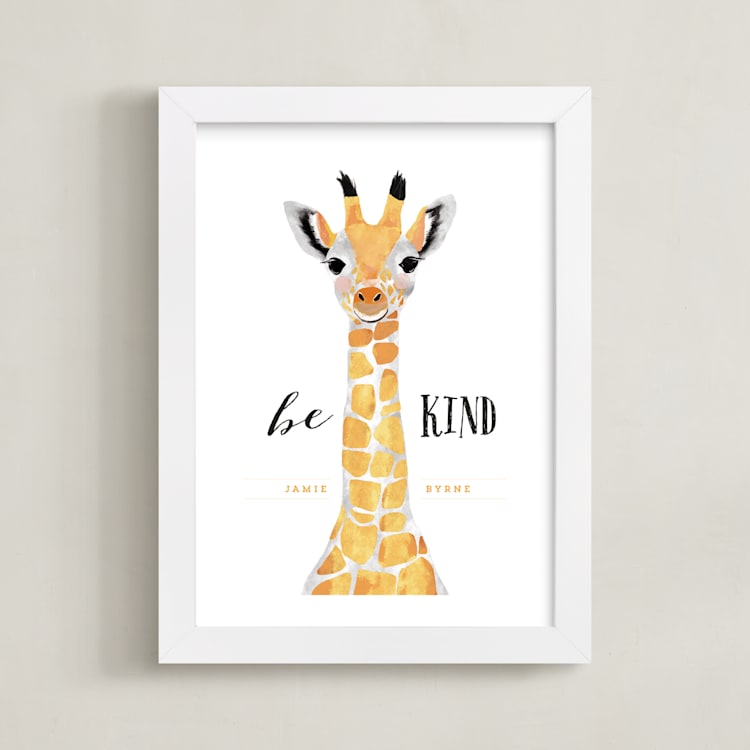 "baby animal.giraffe" - Personalized Art Print in tangerine by Cass Loh - Framed