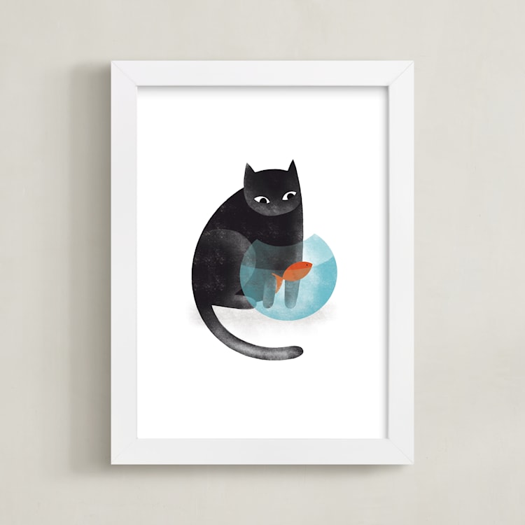 "Black Cat and goldfish" - Art Print in Black by Farinaz Vaseghi - Framed