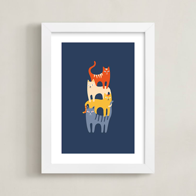 "Catstack" - Art Print in Navy by Nieves Herranz - Framed