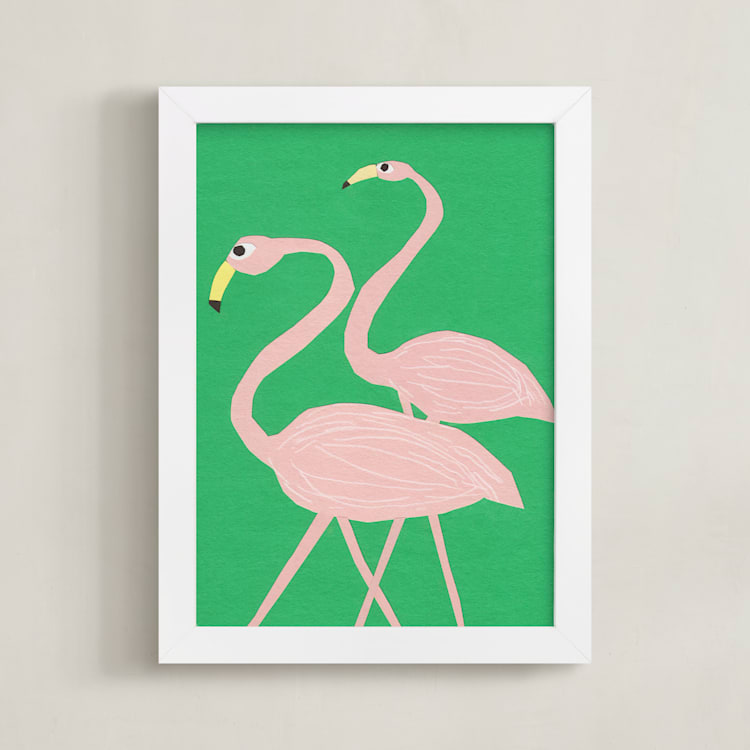 "Flamingo Amigos" - Art Print in grass green by Elliot Stokes - Framed